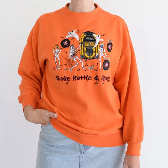Vintage Basic Orange Embroidered Shake Rattle Roll Halloween Skeletons Sweater M - Picture 1 of 12